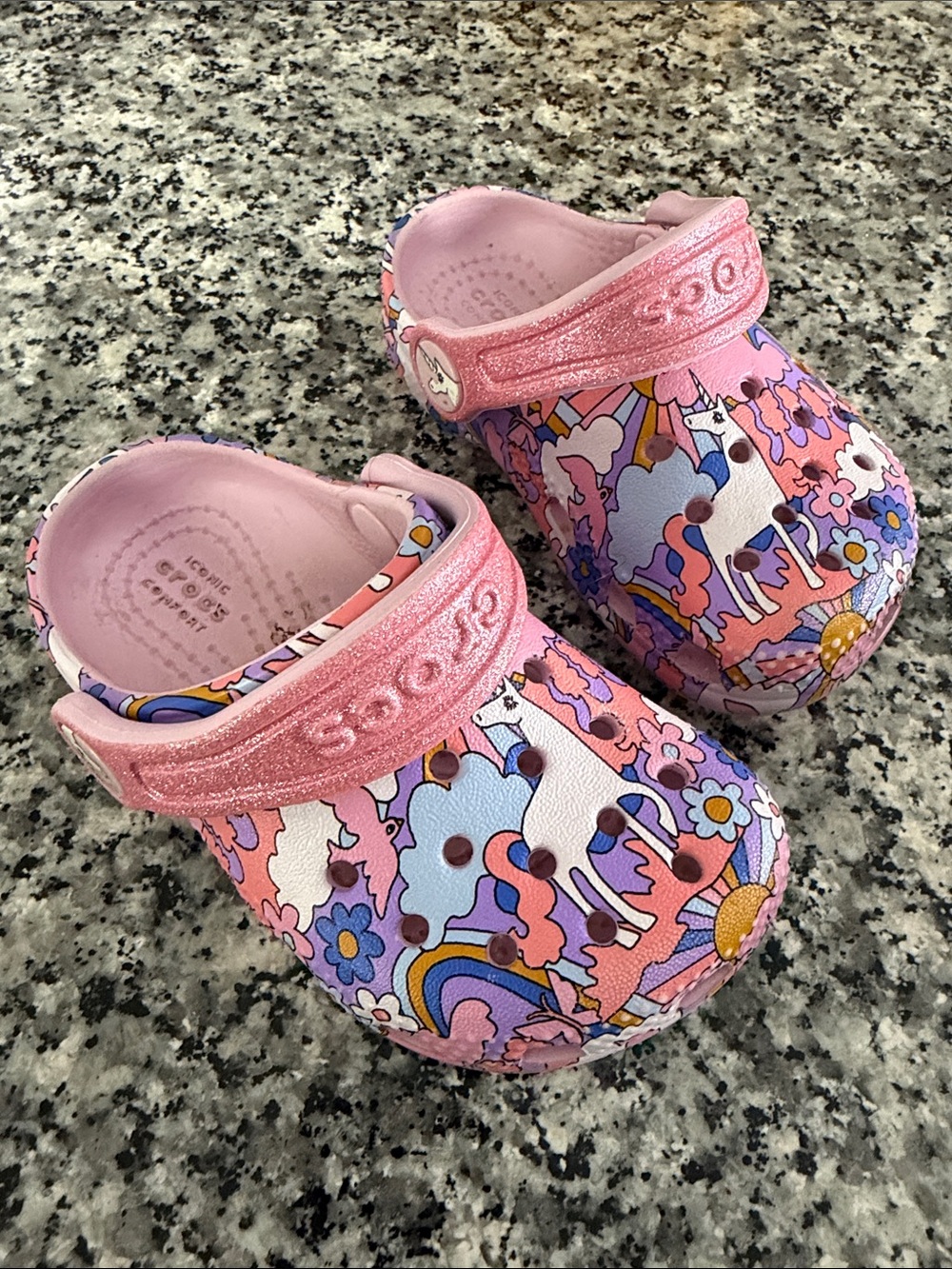 CROCS Kids Pink Glitter Strap Unicorn Print Clogs